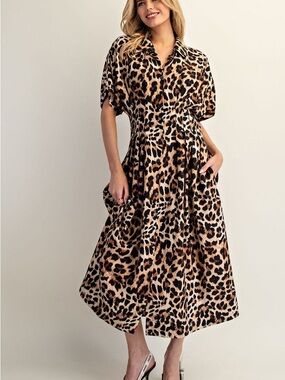 NWT Bibi Leopard Print Midi Shirt Dress Pleated Waist XL